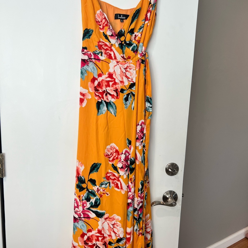 Lulu's Mustard Floral Wrap Maxi Dress with Pink & Green Blooms
